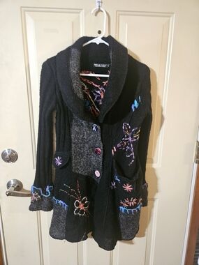Black Embroidered Shawl Collar Coat